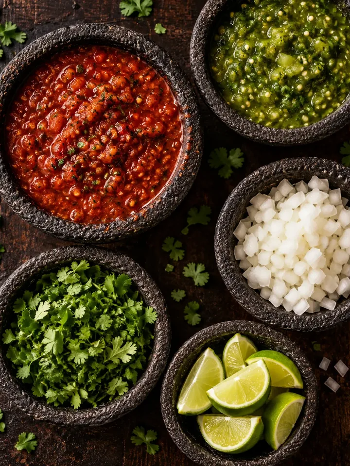 Bowls of salsa roja, salsa verde, onion, cilantro and limes