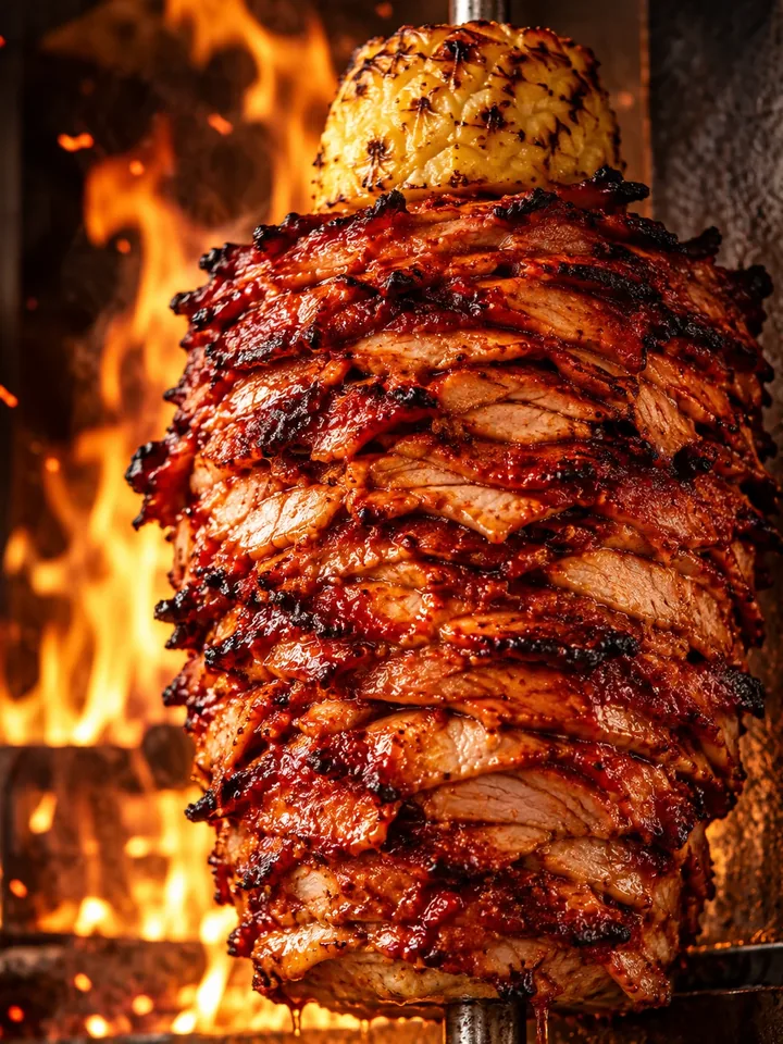 Al pastor trompo topped with pineapple in front of open flames