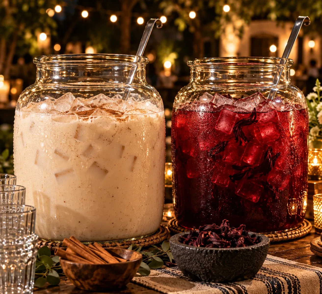 Jars of horchata and jamaica aguas frescas on ice