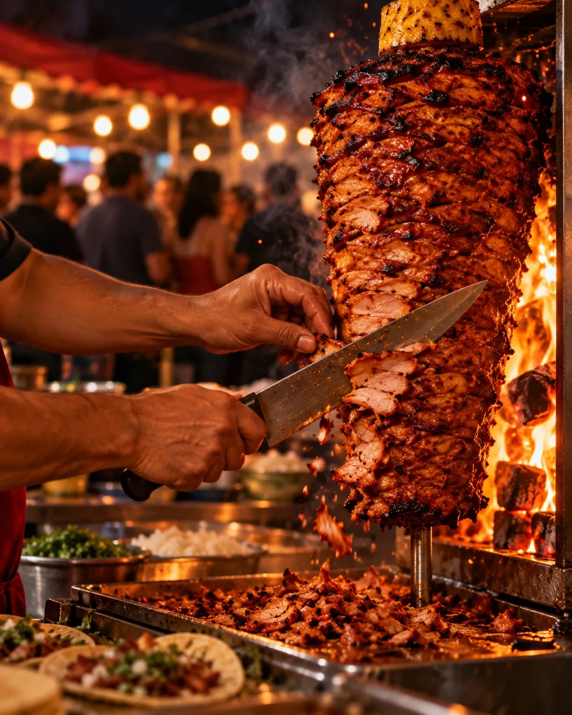 Al pastor being carved off the trompo at a night street food stand