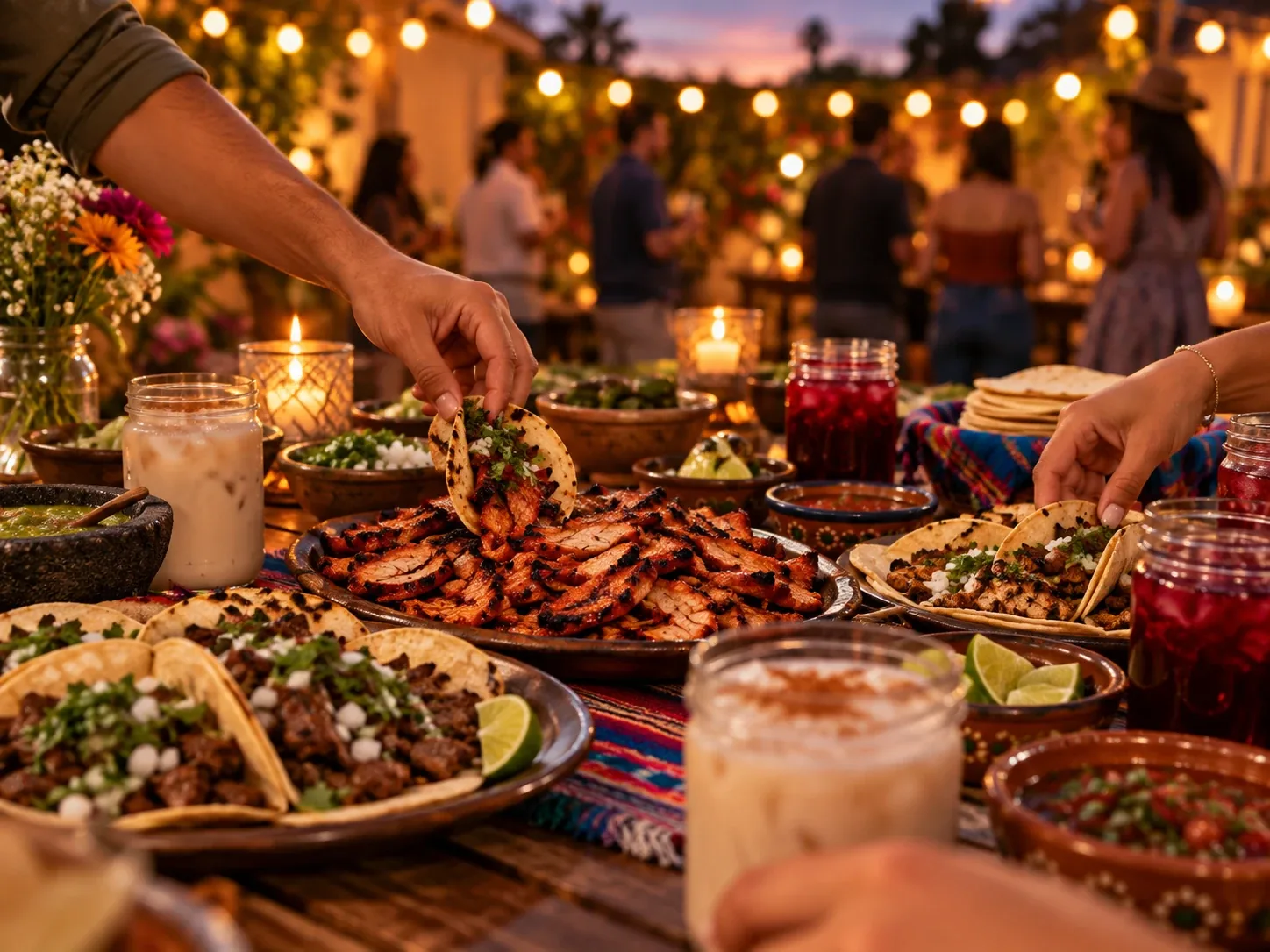 Party table with platters of al pastor, tacos, salsas and aguas frescas under string lights