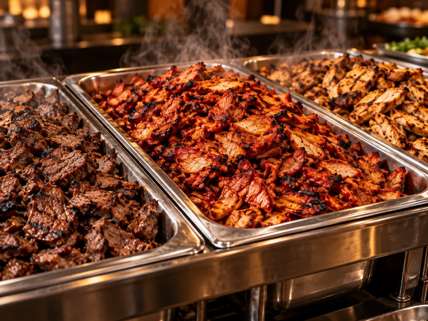 Catering trays of carne asada, al pastor and grilled chicken